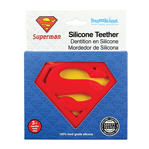 Image of Bumkins Baby Teething Freezer Toy Keys Rings, Soft Flexible Silicone Pacifier, Safe to Chew, Cool Teether Gum Relief, Essentials for Babies 3 Months, Freezable, Sensory Textured, Superman DC Comics