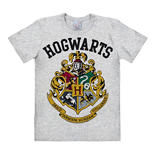 Logoshirt Harry Potter I Hogwarts I Wappen I T-Shirt Print I Damen & Herren I kurzärmlig I grau meliert I Lizenziertes Originaldesign I Größe S