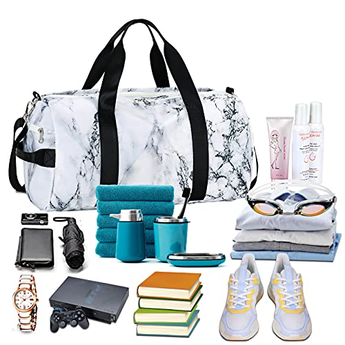 Sport Gym Duffle Travel Bag for Men Women Duffel with Shoe Compartment, Wet Pocket (Marble-White)