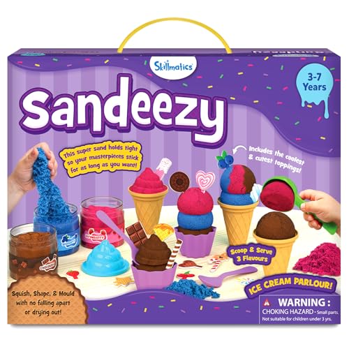 Skillmatics Sandeezy Pretend Play Ice Cream Parlour Set Sand Playset with Moulds Tools & Toppings Sensory Toy for Kids Non-Toxic Mess-Free Creative Indoor Activity Ages 3 4 5 6 7