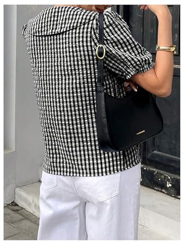 SweatyRocks Women's Lapel Collar Plaid Print Blouse Puff Sleeve Tie Front Button Down Shirts2