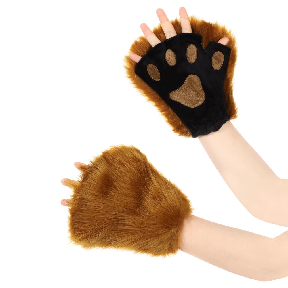 ITODA Furry Cat Paw Animal Gloves Cartoon Bear Paw Claw Glove Winter Warm Mitten Half Finger Gloves Hairy Hand Warmer Party Cosplay Costume Glove for Adult - Image 2