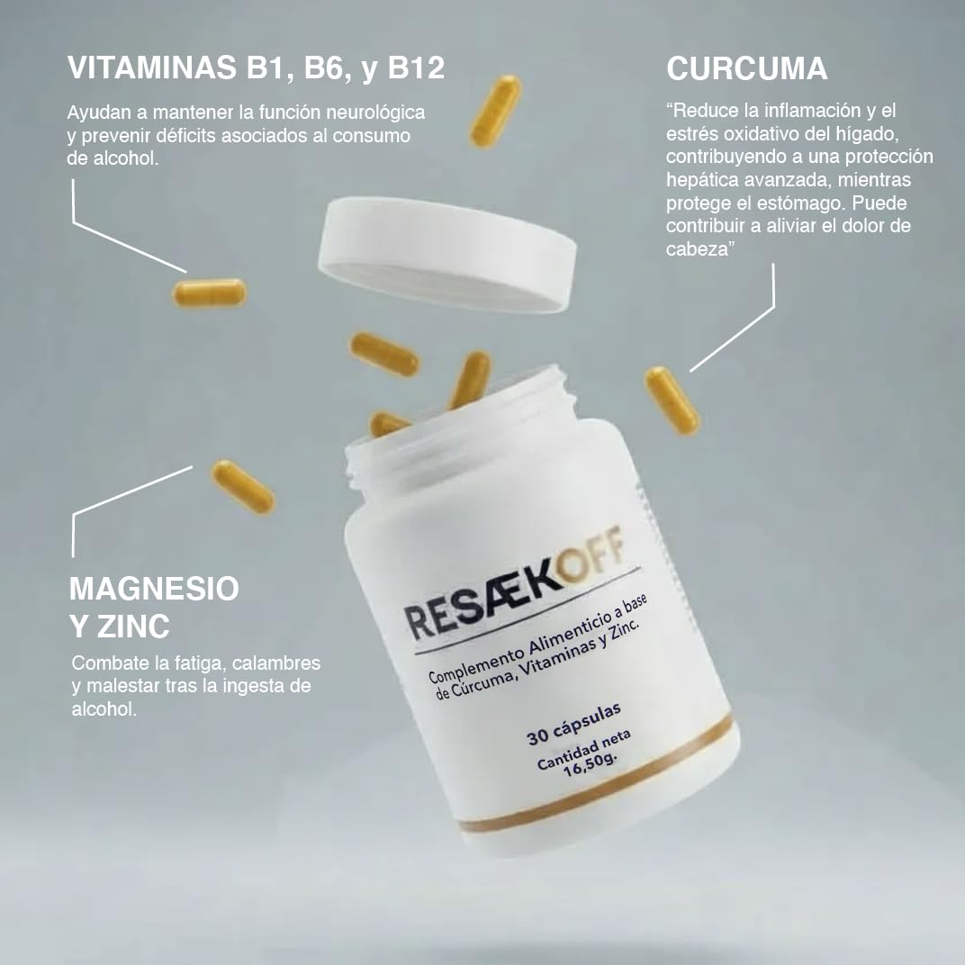 Resaekoff® de Haglaia | Suplemento con Cúrcuma, Zinc y Vitaminas B | Reduce los Efectos Secundarios provocados por el consumo de Alcohol | Antioxidante y Detox para el Hígado