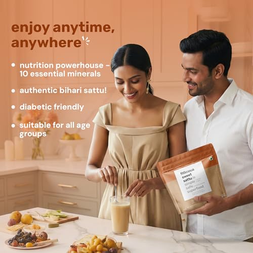 Image of fitlicious Sweet Sattu Powder | Bihari Chana Sattu | Natural & Organic | Gluten-Free, Non-GMO | High Protein & Fiber | Instant PremiX | Healthy Drink For All Ages | Pack Of 10 X 40g Sachets