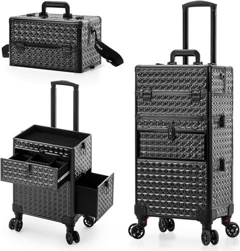 AROUS Rolling Makeup Train Case on 2 Large Drawer, Multi-functional Cosmetic Trolley with 360° Swivel Wheels Keys, Large Storage Traveling Cart Trunk, Train Cases for Nail Technicians Hairstylist