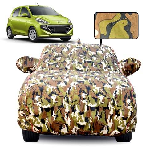 Image of Waterproof Car Body Cover for Hyundai Santro (2018-2024) with Mirror Pocket, Soft Cotton Lining, Triple Stitched, Full Bottom Elastic (Heat Resistant Jungle Print with Red Piping)