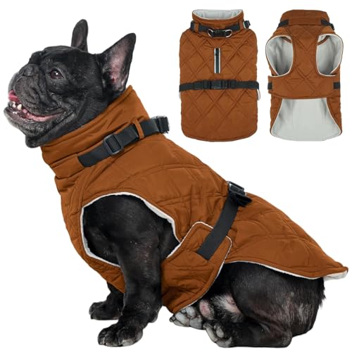 Kuoser Dog Coat Warm Fleece Lining Turtleneck Dog Jacket with Harness Built-in, Adjustable Windproof Cold Weather Coats with Quick Release Buckle Pet Winter Snowsuit for Small Dogs, Khaki S