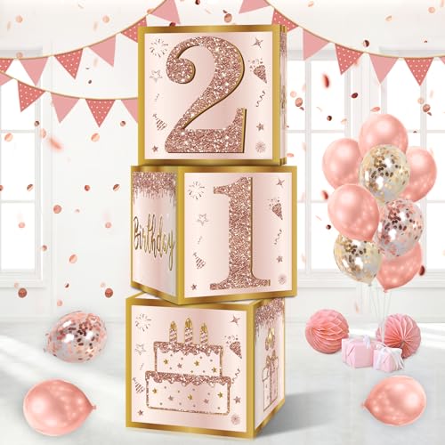 Image of Guiruiy 3Pcs 21st Birthday Decorations Boxes for Women, Pink Rose Gold 21st Birthday Balloons Boxes Party Supplies, Pink Twenty-One Year Old Bday Theme Cardboard Box Decor