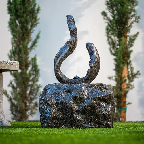 Image of XBrand 25 in H Stone-Look Sculptural Modern Freestanding Fiber Resin Outdoor Garden Fountain w /LED Light, Black