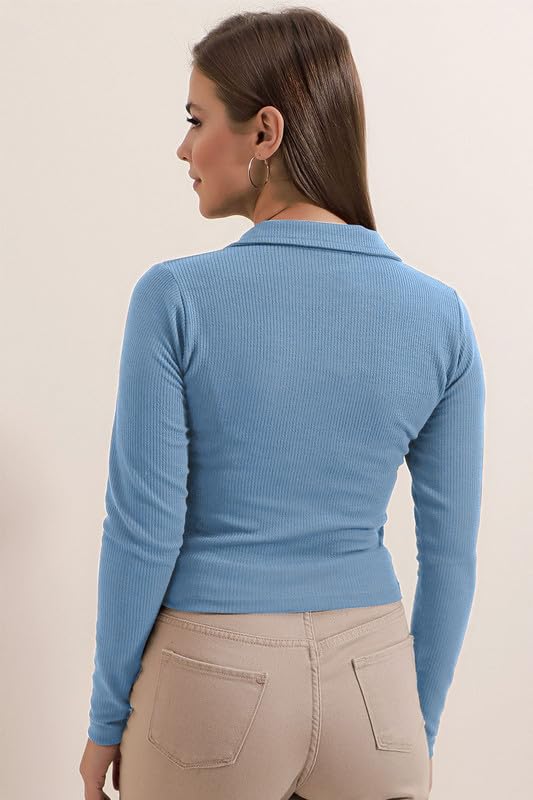 Image of Dream Beauty Fashion Women's Collared Neck Long Sleeve Slim Fit Casual Tee Top, 23 inch inches (Apple-01-P)