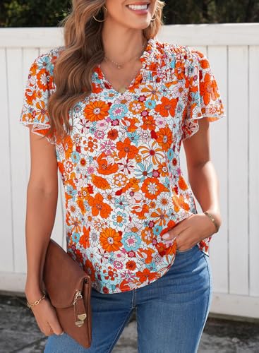 SHEWIN Women's Casual V Neck Floral Print Smocked Short Sleeve Chiffon Blouses Bohemian Top Shirts2