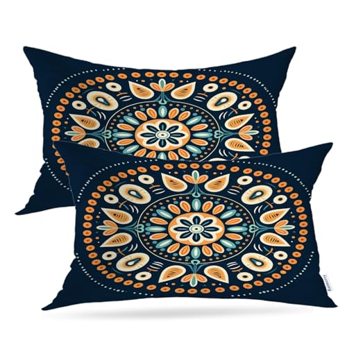 Batmerry Mandala Design Throw Pillow Covers, Circular Floral Pattern Decorative Pillow Covers Digital Printing Blended for Couch Sofa Bed Invisible Zipper 12X20 in(Set of 2)