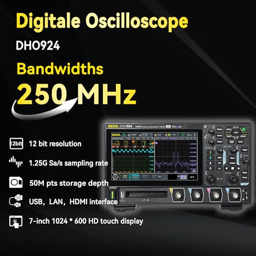 Image of RIGOL Digital Oscilloscope DHO924 250 MHz 4-Ch + 16 Digital 1.25 GSa /s 12-bit 50 Mpts UltraAcquire 1,000,000 wfms /s 7 inch Touch LAN /USB /HDMI Web Control SCPI for High-Speed Debug