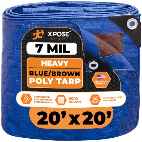 Image of Xpose Safety 20' x 20' Heavy Blue /Brown Tarp - Waterproof - 7 Mil Weatherproof Camping Tarp for Tent, Rain, Wind & Sun - Plastic Tarpaulin Cover Outdoor for Roof, Trailer, RV, Car, Boat