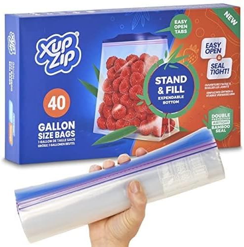 XupZip 40 x Premium Food Storage Freezer Bags ™ | Large UK Gallon Size 4.55L, Reusable, Heavy-Duty Plastic | Airtight and Leakproof Bamboo Seal | BPA Free… (Gallon / 4.55L - 40 Bags)