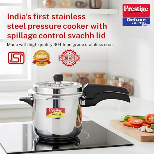 Image of Prestige 3.5 Litre Stainless Steel Deluxe Alpha Svachh Outerlid Pressure Cooker |Deep lid for spillage control|10 years warranty|Gas & Induction compatible|Gasket release system|ISI Certified