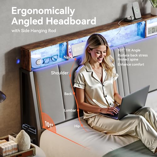 Image of Nelaukoko Queen Size Bed Frame, Metal Platform Bed Frame with Smart LED Lights and Charging Station, Ergonomic Velvet Headboard, No Box Spring Needed, Easy Assembly