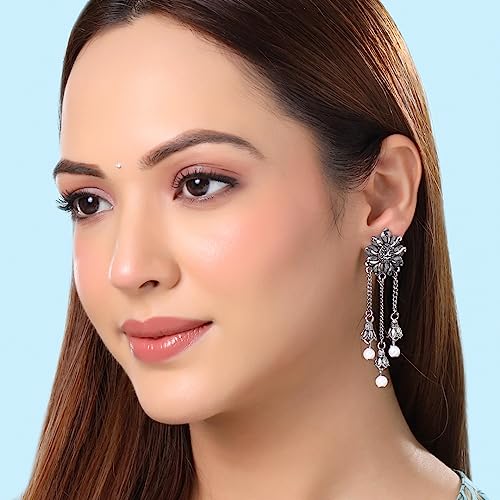 Image of Yellow Chimes Earrings for Women and Girls Traditional Silver Oxidised Jhumka German Silver Earring Set Dome Shaped Dangler Jhumki Earrings Combo | Birthday Gift For Girls and Women