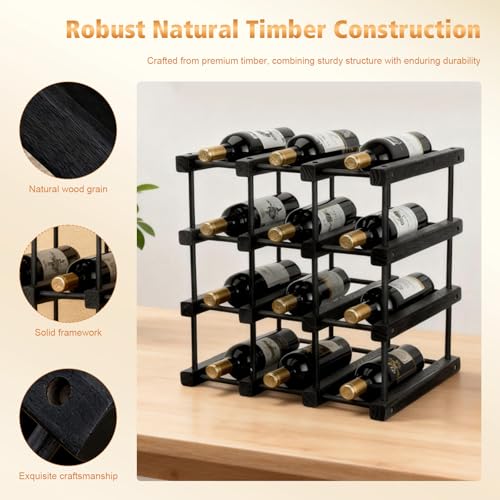Yolispa Wooden Wine Rack for 12 Bottles, 4 Tiers Freestanding Wine Holder Organizer, Expandable Bottle Racks for Kitchen, Restaurant, Bar, Pantry, Cellar (Black) - Image 5