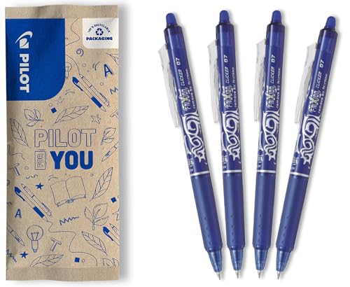 PILOT - Lot de 4 FriXion Ball Clicker 07 - Stylo Effaçable à Encre Thermosensible - Stylo Roller Rétractable et Rechargeable - Bleu - Pointe Moyenne