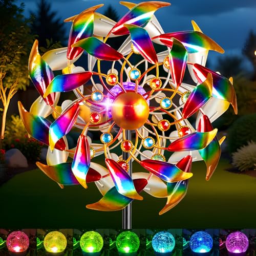 Image of Solar Wind Spinners for Yard and Garden - 360 Metal Large Wind Sculptures Outdoor Clearance Kinetic Windmills with 4 Layer Jeweled Blades for Patio, Lawn Garden Decoration - 54Inch