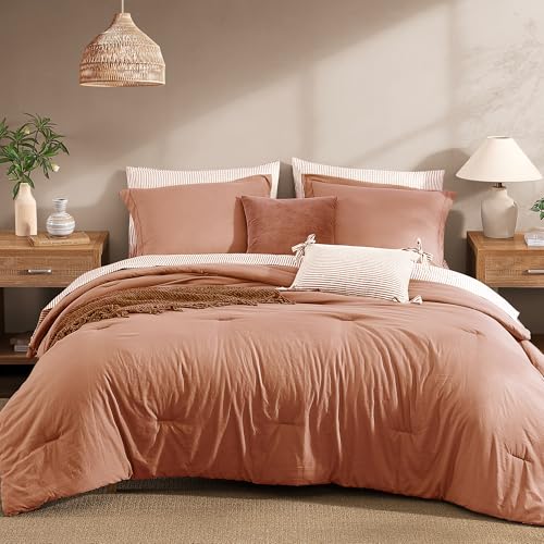 Image of Monbix Full Size Comforter Sets-7 Pieces Soft Bed in a Bag Full Bedding Set | All SeasonAutumn Leaf Prewashed Comforter Bed Set with Striped Sheets, Pillowcases & Shams