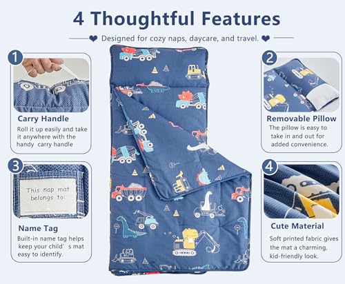 Image of Cotton Toddler Nap Mat for Boys,Roll Up Slumber Bags Dinosaur Pattern,Toddler Nap Mat with Removable Pillow and Blanket, Kids Sleeping Mat for Daycare,Preschool and Kindergarten-Navy Blue