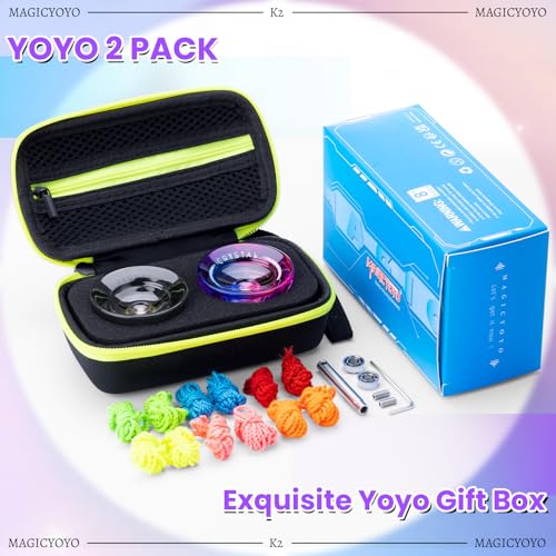 Image of MagicYoyo K2 Crystal 2 Pack, Professional Responsive Yoyo for Kids + 12 Strings + Bearing + Case (Gradient + Black) | Dual Purpose Yo yo with Unresponsive Bearing for Advanced +12 Yo-yo Strings+2 Holes Case(Gradient+Black)