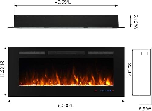 Miniatura 6 de Masarflame Inserto de chimenea eléctrica empotrable de 50 pulgadas, 5 ajustes de llama, juego de troncos u opciones de cristal, control de