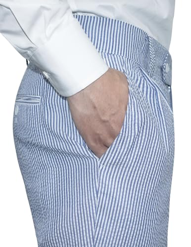 Men Seersucker Pinstripe Pants Mid Waist Ankle Length Pleated Front Lightweight3
