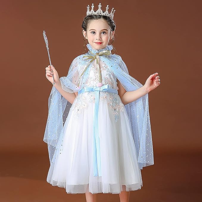 Image of Princess Cape for Girls - Colorful Sequin Cloak with Crown and Wand for Birthday, Halloween, Fancy Dress & Carnival