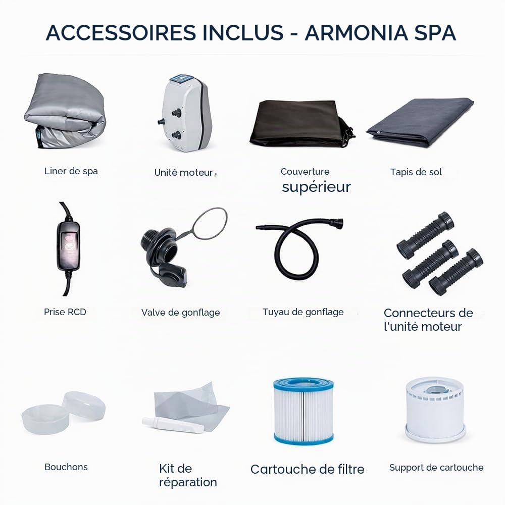 Bain à remous carré Armonia 4 places | Spa gonflable avec chauffage, système de filtration et couverture avec accessoires inclus