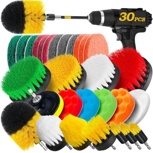Image of 30 Pcs Power Drill Scrubber Set, Brush Attachment Set | Scrubber Brush Pads for Tile | Multipurpose Drill Brushes for Cleaning of Bathroom Kitchen, Flooring and Car (Model 5)