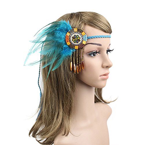 CHUANGLI Handmade Retro Indian Style Feather Head Band with Beaded Tassels Blue