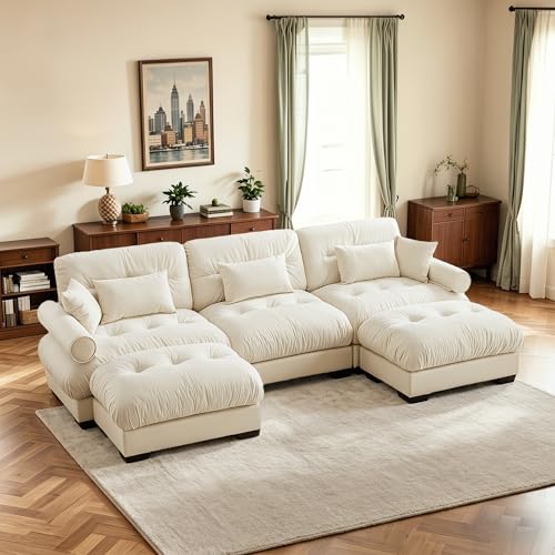 130" Oversized 3 Seater Modular Sectional Sofa, Beige White Large U Shaped Sectional Couches for Living Room, Fluffy Couch Set, Velvet Cloud Couch with Ottoman