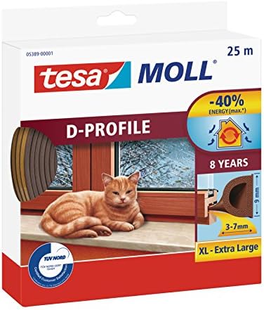 tesamoll D-Profile Seal - Self Adhesive Rubber Draught Excluder for Insulating Gaps in Windows and Doors - White - 25 m x 9 mm x 7 mm