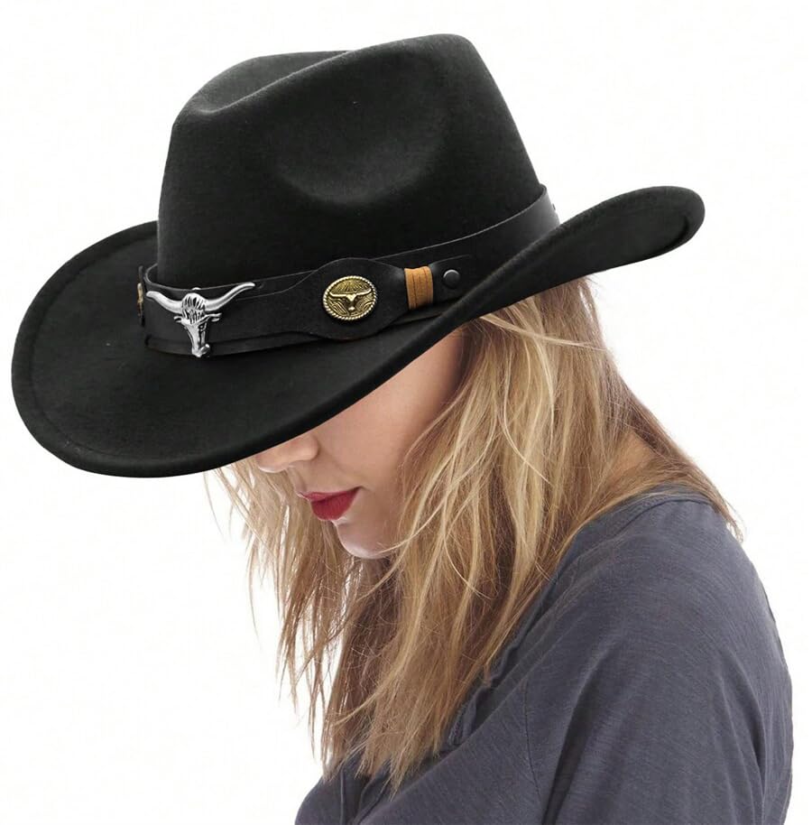 Image of Wide Brim Men and Women's Western Cowboy Hat Fedora-Jazz-Hat with Bull Head Band Decoration