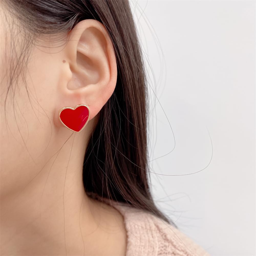 Dainty Heart Chunky Statement Stud Earrings for Women Cute Gold Plated Red Black White Enamel Hearted Shaped Hypoallergenic Studs Fashion Trendy Jewelry Gift 3 Pairs Set - Image 5