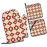 Juego de 4 manoplas de horno y soportes para ollas, almohadillas calientes clásicas con estampado de flores rojas para cocina, guantes de horno impermeables antideslizantes resistentes al calor para