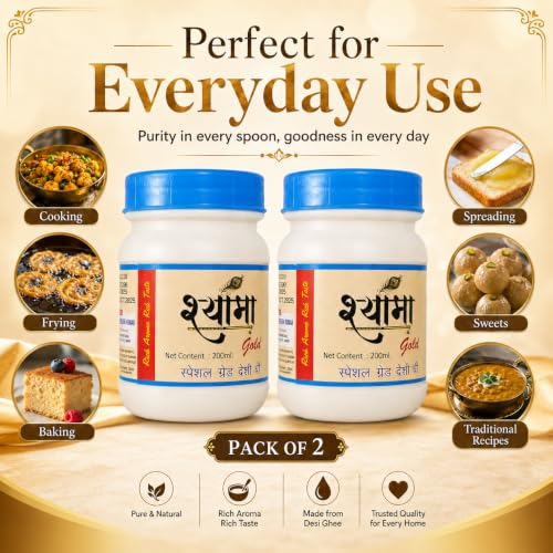 Image of SHYAMA GHEE Desi Buffalo Ghee 200 ML Each | Traditional Method Buffalo Ghee | Pure and Natural Nutritious Ghee with Rich Aroma (Pack of 2, 400 ML)