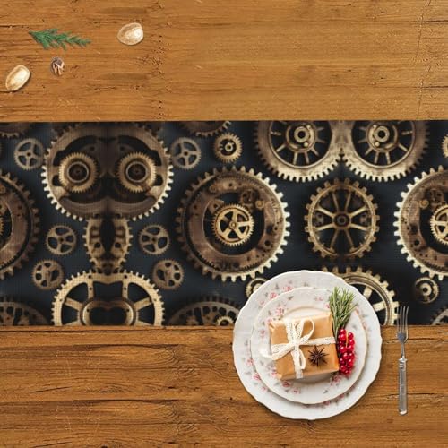 Chemin de table steampunk lavable avec motif engrenages pour table basse et repas