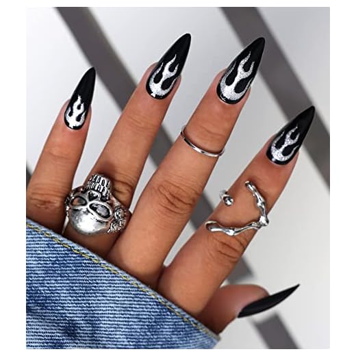 morily Black Press on Stiletto Nails Medium Length Glossy Fake Nails with Fire Pattern Design Acrylic Stick on Nails Long Full Cover Artificial False Nails Manicure for Women and Girls (Black Flame)