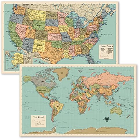 2 Pack World & USA Map Poster [Tan/Color] Cover