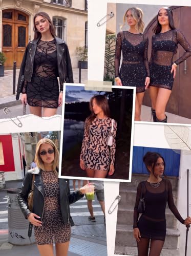 Avidlove Women's Sheer Mesh Bodycon Mini Dress Long Sleeve Brown Leopard XS - image 5