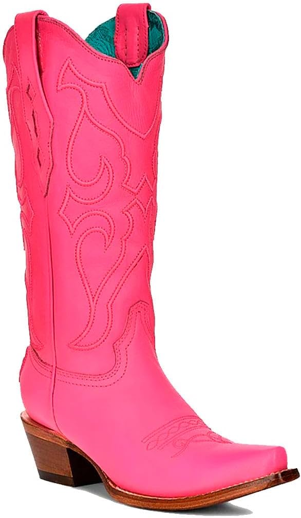 Corral Boots Womens Fuchsia Embroidered Snip Toe Western Cowboy Boots Mid Calf Mid Heel 2-3" - Pink