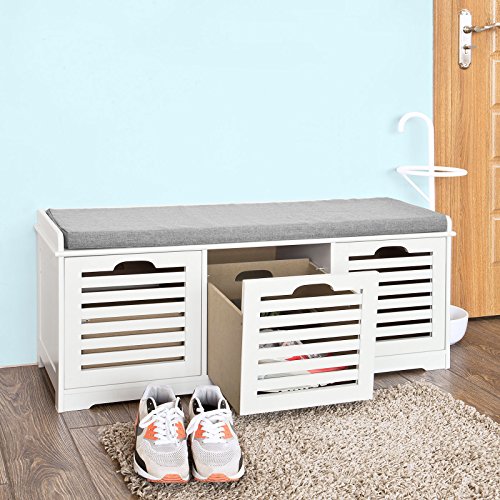 Haotian Fsr23-W, White Storage Bench With 3 Drawers & Padded Seat Cushion, Hallway Bench, Shoe Cabinet, Shoe Bench #TOP3