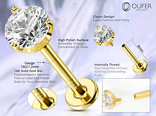 OUFER Lip Rings Stud, 16G 14K Solid Gold Internally Thread Lip Piercing Jewelry, Clear CZ Helix Tragus Conch Lobe Labret Piercing Jewelry3