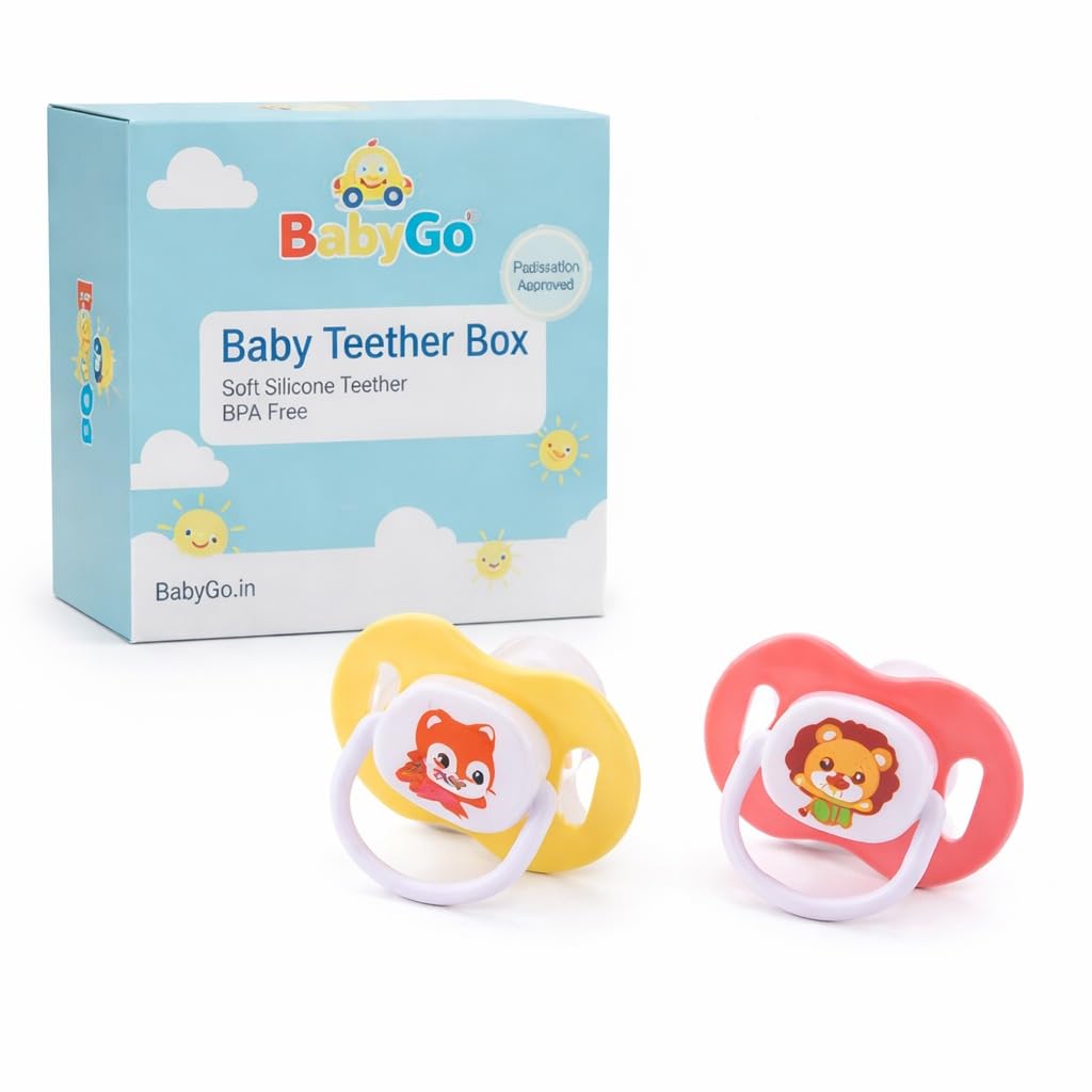 BabyGo Animal Design Silicone Pacifier & Soother Set with Holder Chain and Clip, BPA Free - Pack of 2-image-11
