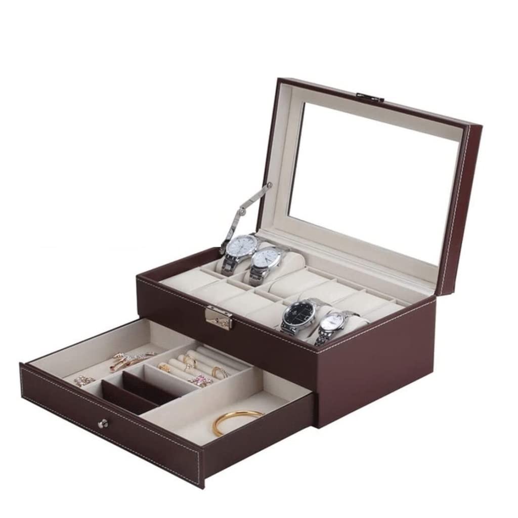 TIANQIHAO Jewelry Box Leather Watch Box Black Jewelry Case With Drawer Lockable Eyeglasses Storage Display Case Double Layer. Jewellry Holder,B-31.5x20x13.5cm