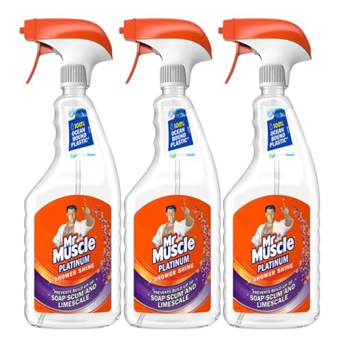Image of Mr Muscle 3 x 750ml Platinum Shower Shine Spray With Welari Thank You Card Bathroom Limescale Soap Scum Cleaner (2.25L)